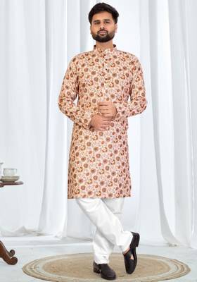 Beige floral printed soft cotton kurta pajama for men     ethnic wear with white cotton pajama 2