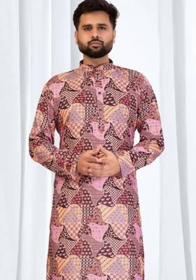 Multi-color patchwork printed soft cotton kurta pajama for men     stylish festive wear with white cotton pajama 1