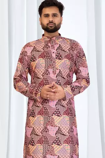 Multi-color patchwork printed soft cotton kurta pajama for men     stylish festive wear with white cotton pajama