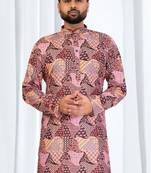 Multi-color patchwork printed soft cotton kurta pajama for men     stylish festive wear with white cotton pajama