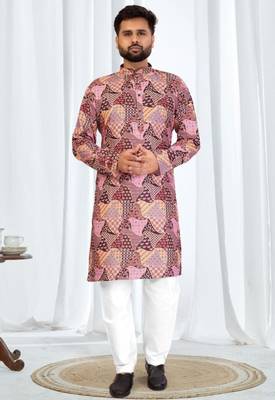 Multi-color patchwork printed soft cotton kurta pajama for men     stylish festive wear with white cotton pajama 2