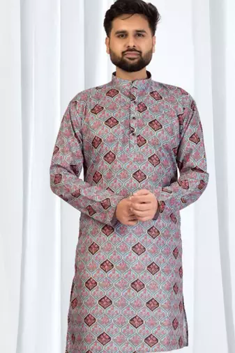 Multicolor geometric printed soft cotton kurta pajama for men     traditional festive wear with white cotton pajama