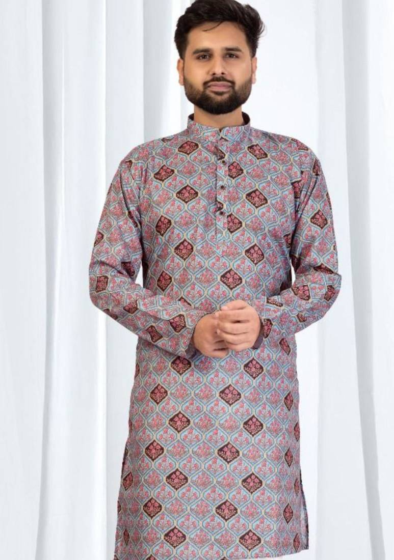 Multicolor geometric printed soft cotton kurta pajama for men     traditional festive wear with white cotton pajama