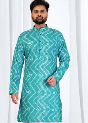Teal blue zig-zag printed soft cotton kurta pajama for men     stylish ethnic wear with white cotton pajama 1