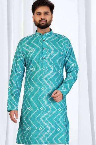 Teal blue zig-zag printed soft cotton kurta pajama for men – stylish ethnic wear with white cotton pajama
