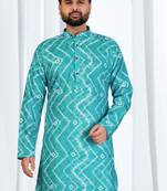 Teal blue zig-zag printed soft cotton kurta pajama for men     stylish ethnic wear with white cotton pajama