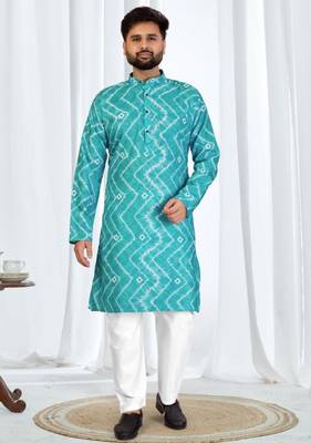 Teal blue zig-zag printed soft cotton kurta pajama for men     stylish ethnic wear with white cotton pajama 2