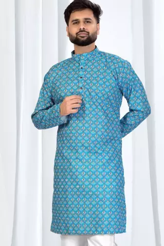 Sky blue floral printed soft cotton kurta pajama for men     traditional festive wear with white cotton pajama