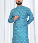 Sky blue floral printed soft cotton kurta pajama for men     traditional festive wear with white cotton pajama
