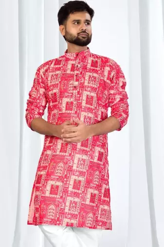 pink patch printed soft cotton kurta pajama for men     vibrant ethnic wear with white cotton pajama