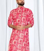 pink patch printed soft cotton kurta pajama for men     vibrant ethnic wear with white cotton pajama