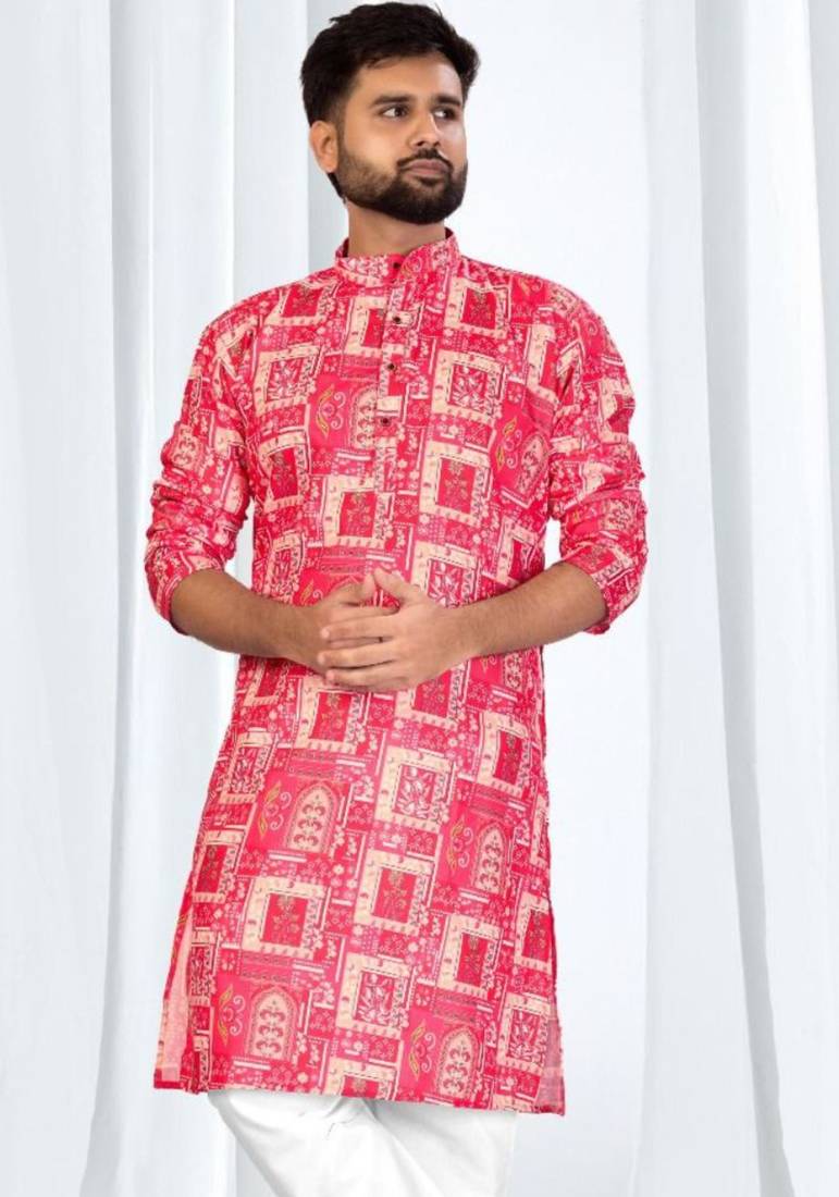 pink patch printed soft cotton kurta pajama for men – vibrant ethnic wear with white cotton pajama