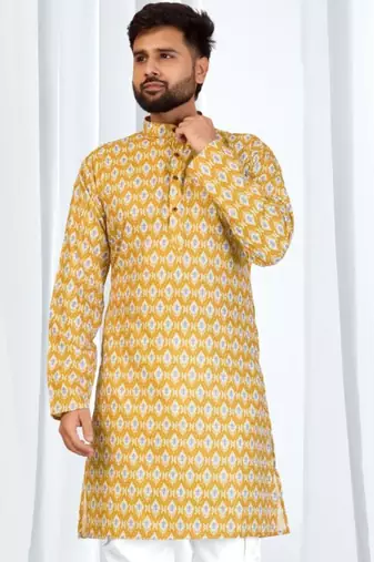 Mustard yellow soft cotton printed kurta with white cotton pajama