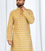 Mustard yellow soft cotton printed kurta with white cotton pajama