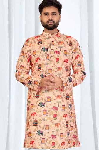 Peach soft cotton printed kurta with white cotton pajama