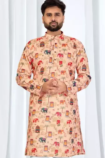 Peach soft cotton printed kurta with white cotton pajama