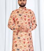 Peach soft cotton printed kurta with white cotton pajama