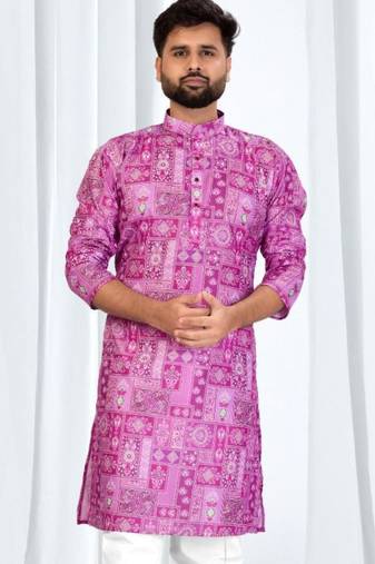 Magenta soft cotton printed kurta with white cotton pajama