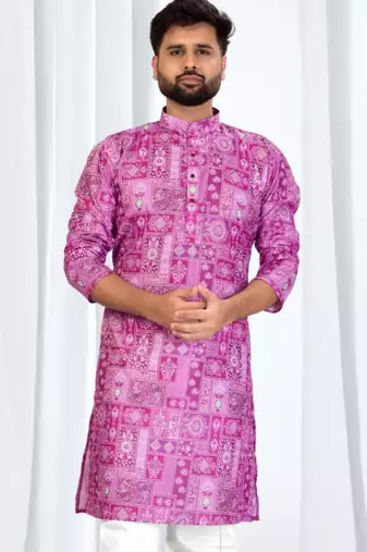 Magenta soft cotton printed kurta with white cotton pajama