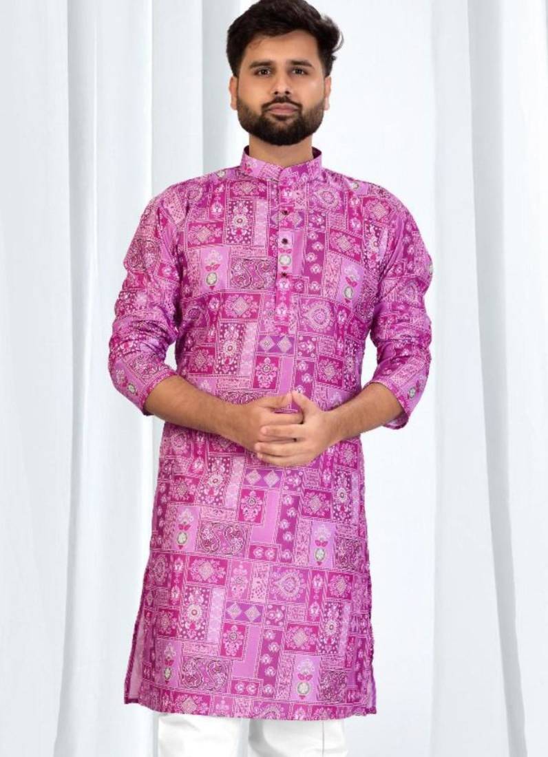 Magenta soft cotton printed kurta with white cotton pajama