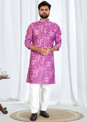 Magenta soft cotton printed kurta with white cotton pajama 2