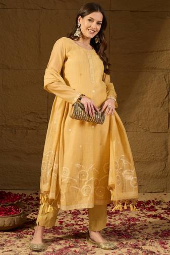 Women yellow chanderi woven design straight kurta trouser with dupatta