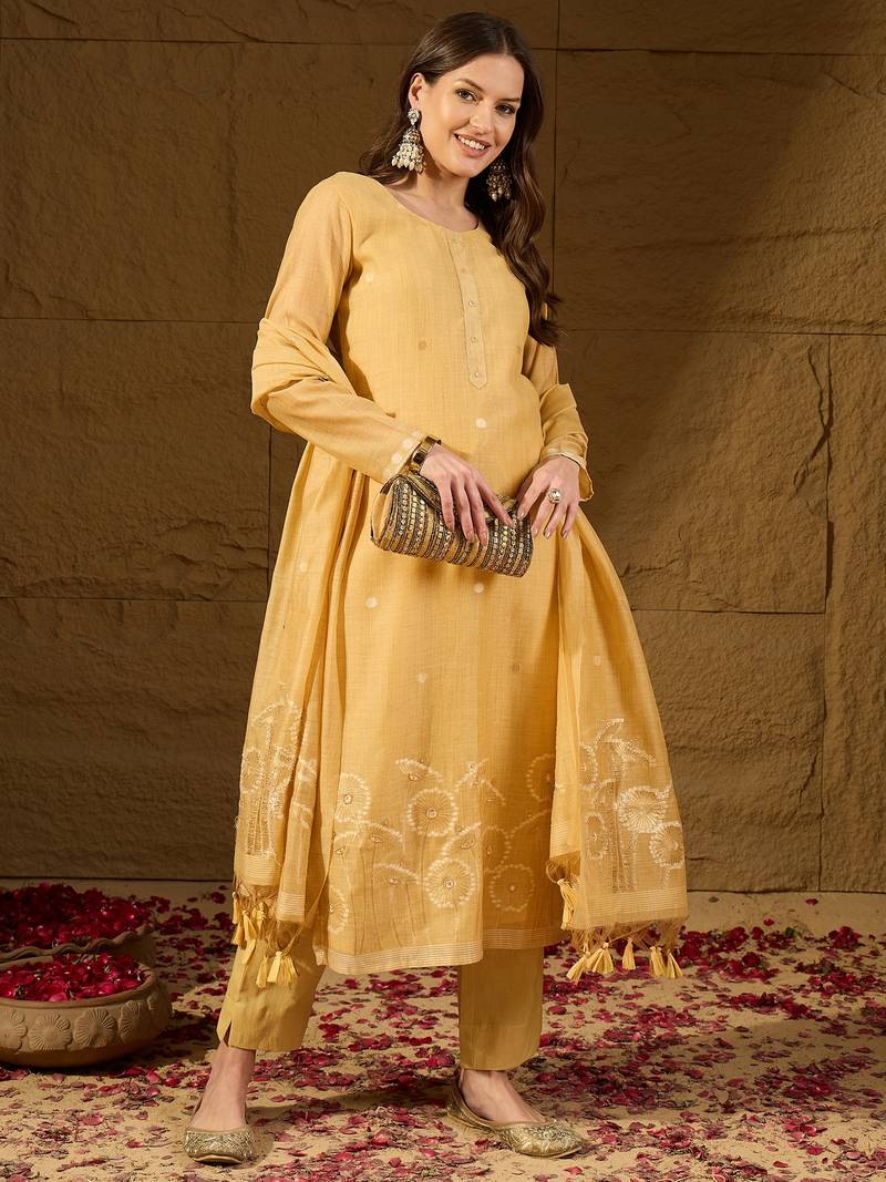 Women yellow chanderi woven design straight kurta trouser with dupatta