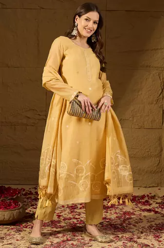 Women yellow chanderi woven design straight kurta trouser with dupatta
