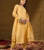 Women yellow chanderi woven design straight kurta trouser with dupatta