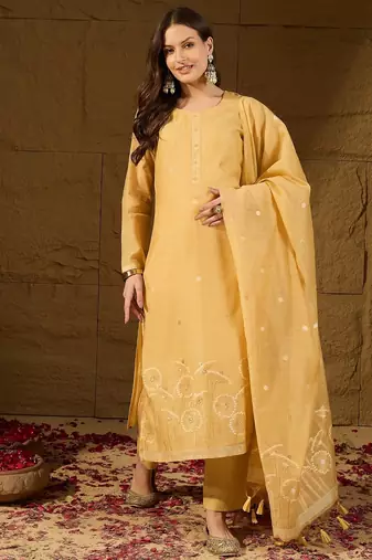 Women yellow chanderi woven design straight kurta trouser with dupatta