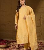 Women yellow chanderi woven design straight kurta trouser with dupatta