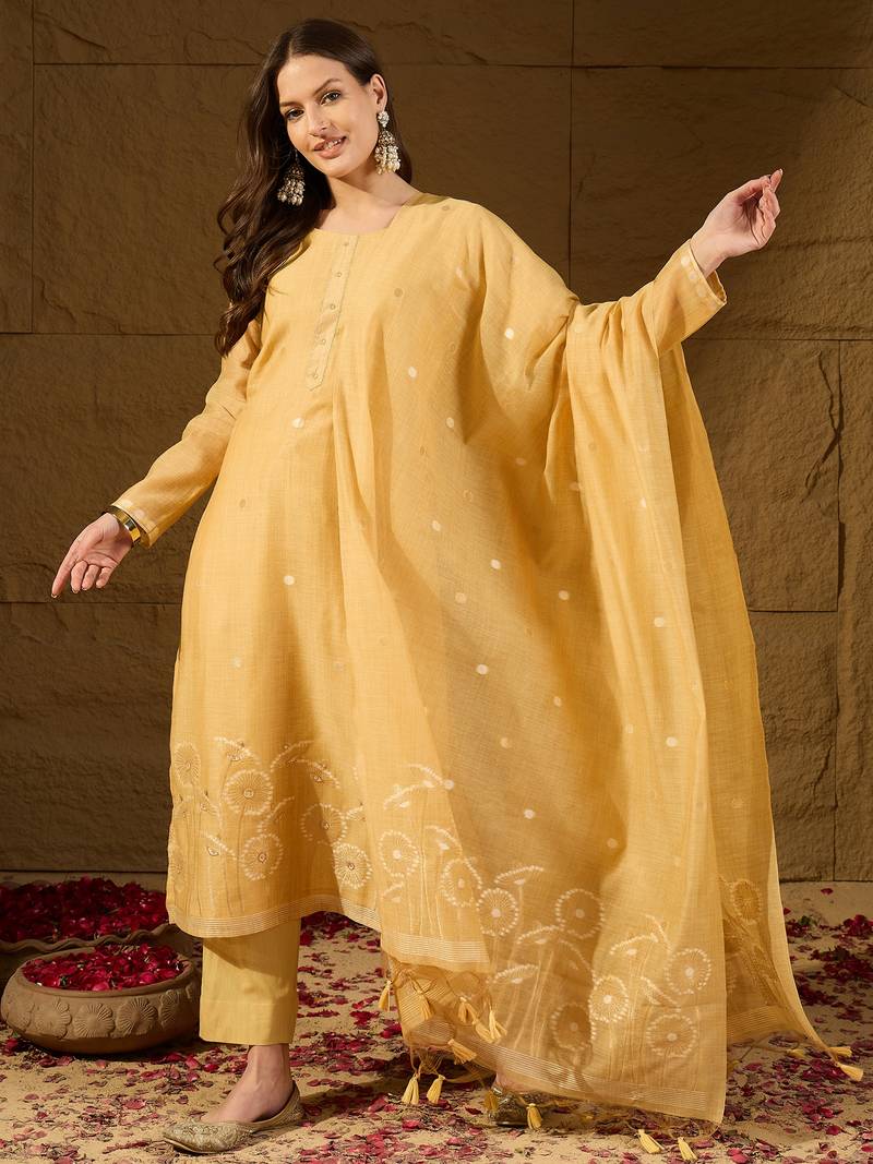 Women yellow chanderi woven design straight kurta trouser with dupatta