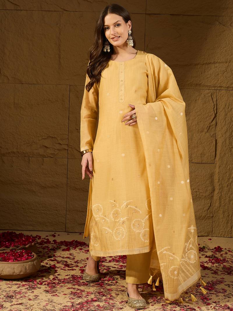 Women yellow chanderi woven design straight kurta trouser with dupatta