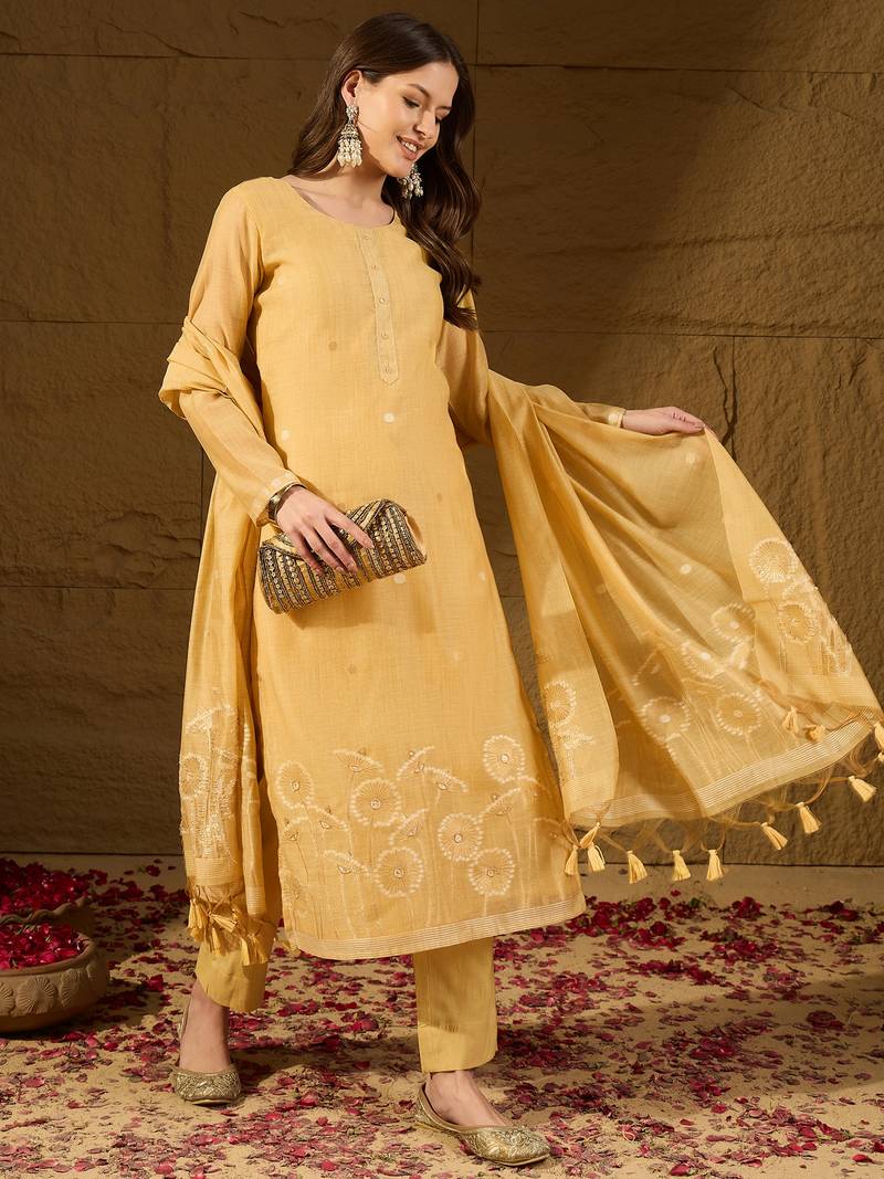 Women yellow chanderi woven design straight kurta trouser with dupatta