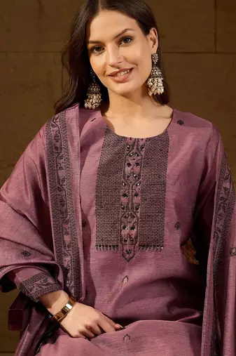 Women mauve chanderi woven design straight kurta trouser with dupatta