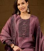 Women mauve chanderi woven design straight kurta trouser with dupatta
