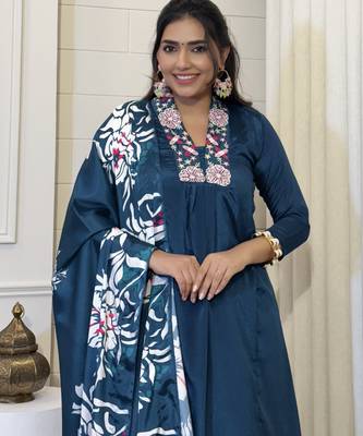 Teal teal embroidered chinnon kurti with pant & dupatta set 2