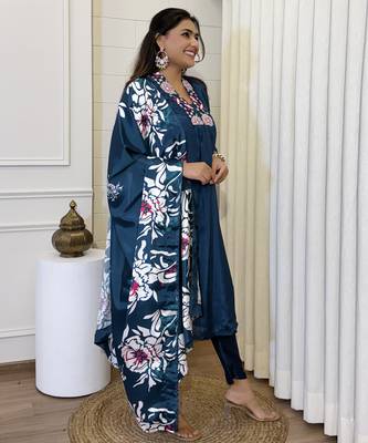 Teal teal embroidered chinnon kurti with pant & dupatta set 5