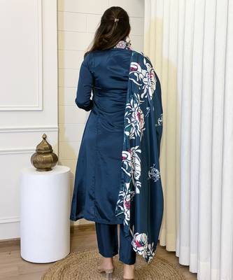 Teal teal embroidered chinnon kurti with pant & dupatta set 6