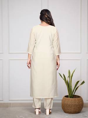 Off white beige viscose chanderi embroidered kurti pant & dupatta set 5