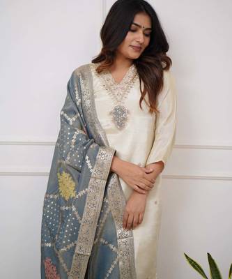 Off white beige viscose chanderi embroidered kurti pant & dupatta set 6