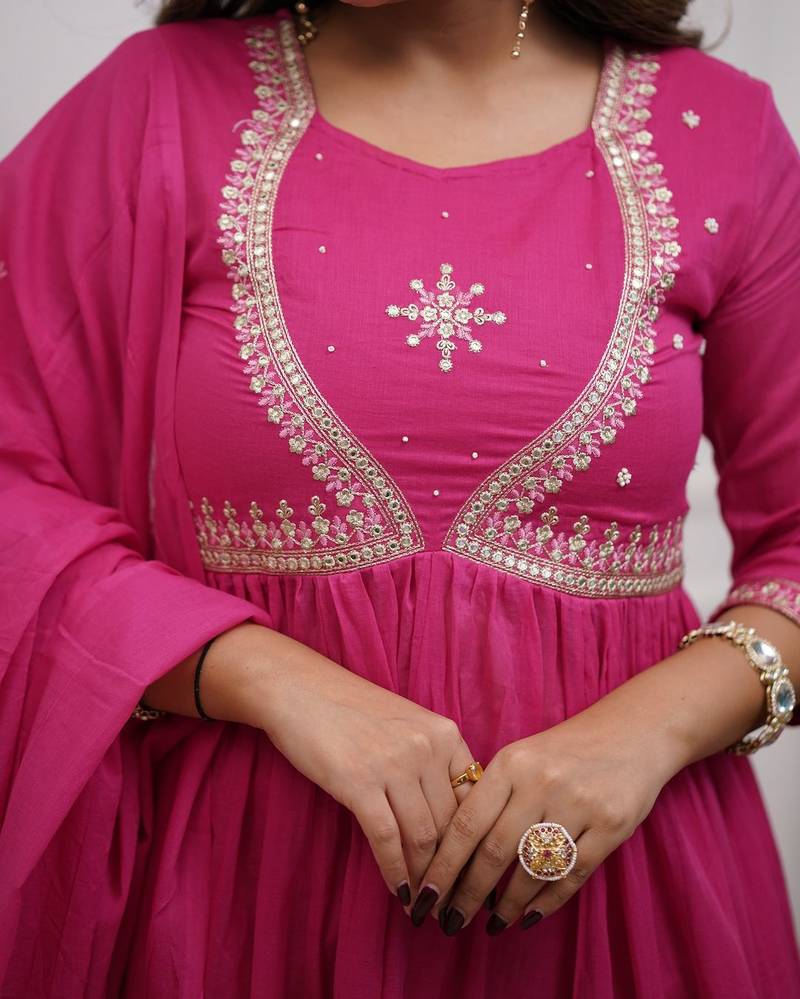 Pink muslin cotton embroidered anarkali gown with bottom & chanderi dupatta set