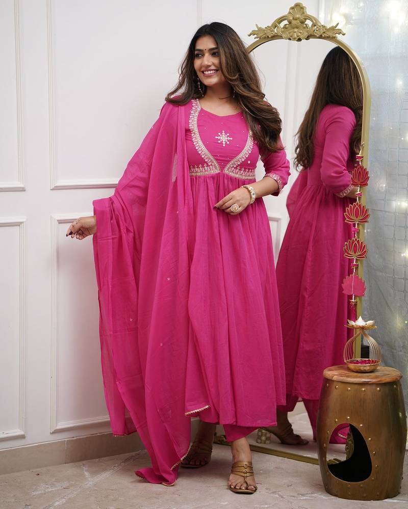 Pink muslin cotton embroidered anarkali gown with bottom & chanderi dupatta set