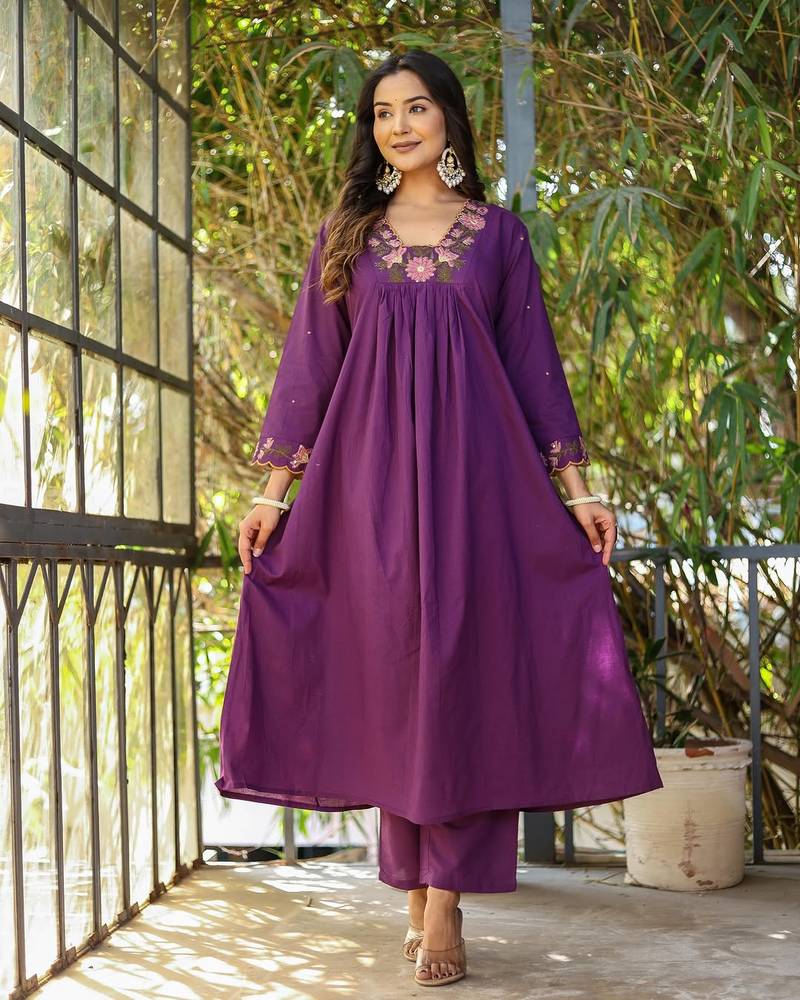 Wine embroidered rayon slub anarkali kurta with bottom & chanderi dupatta set