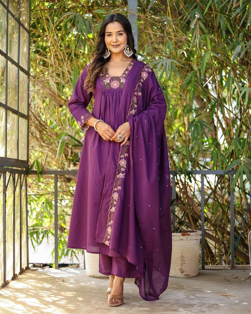Wine embroidered rayon slub anarkali kurta with bottom & chanderi dupatta set