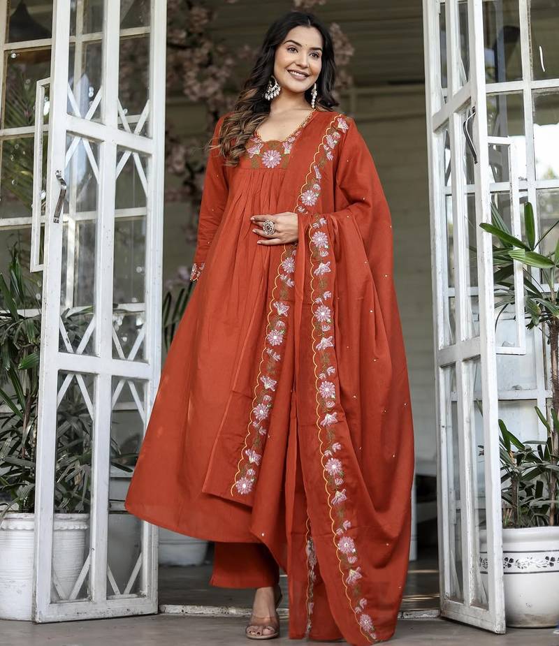 Rust orange embroidered rayon slub anarkali kurta with pant & chanderi cotton dupatta set