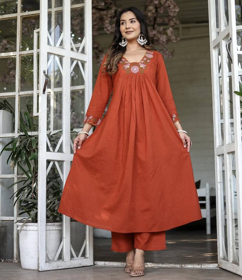 Rust orange embroidered rayon slub anarkali kurta with pant & chanderi cotton dupatta set