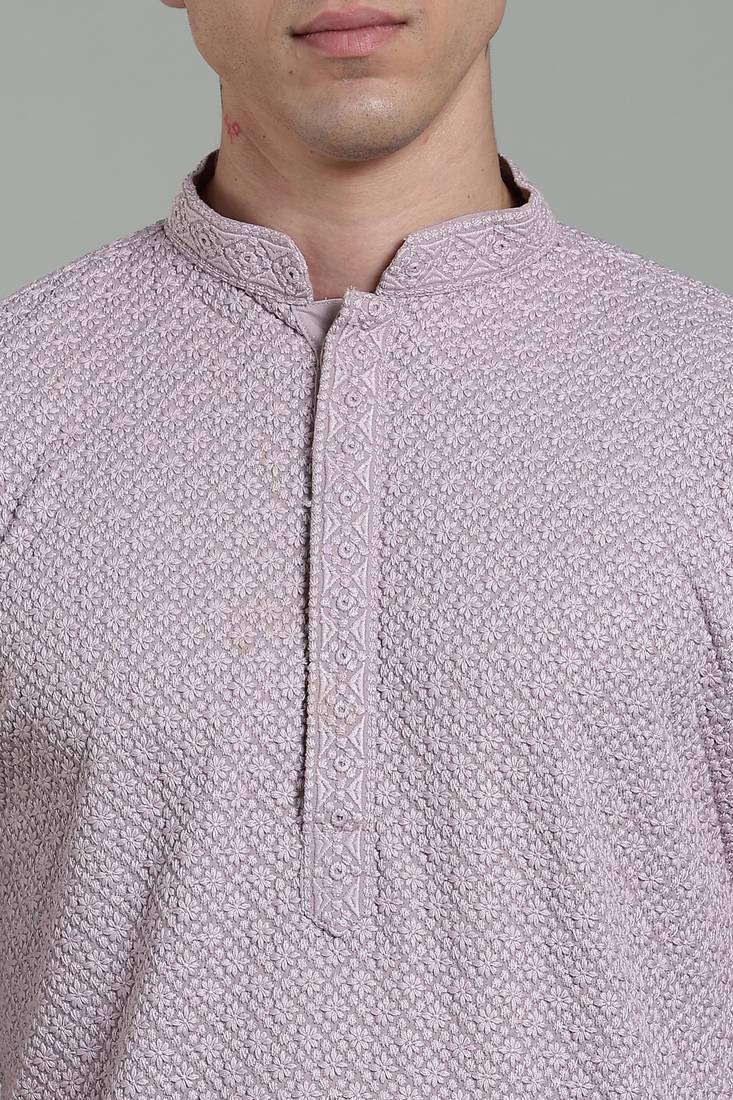 lilac sylish men's rayon embroidery kurta pyjama
