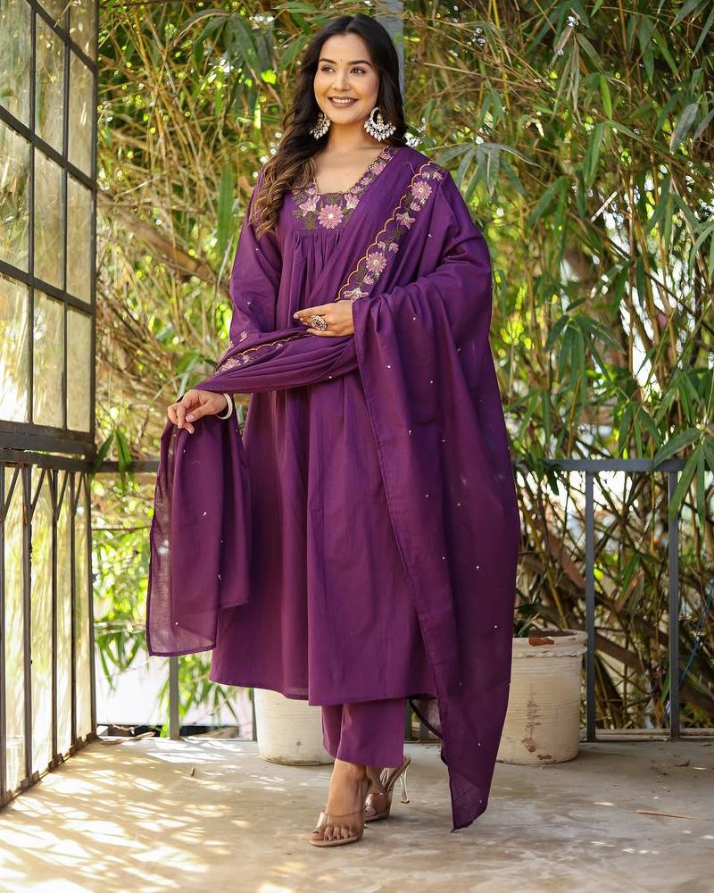 Wine embroidered rayon slub anarkali kurta with bottom & chanderi dupatta set
