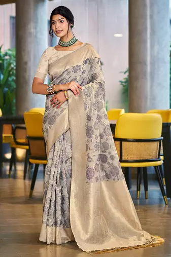Sangam prints light grey cotton silk woven work traditional saree